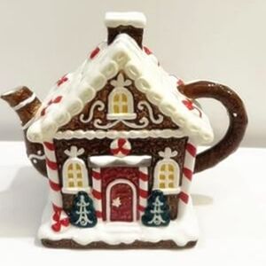 Corner Ruby Christmas Gingerbread House Ceramic Hand Painted Teapot ~ New
